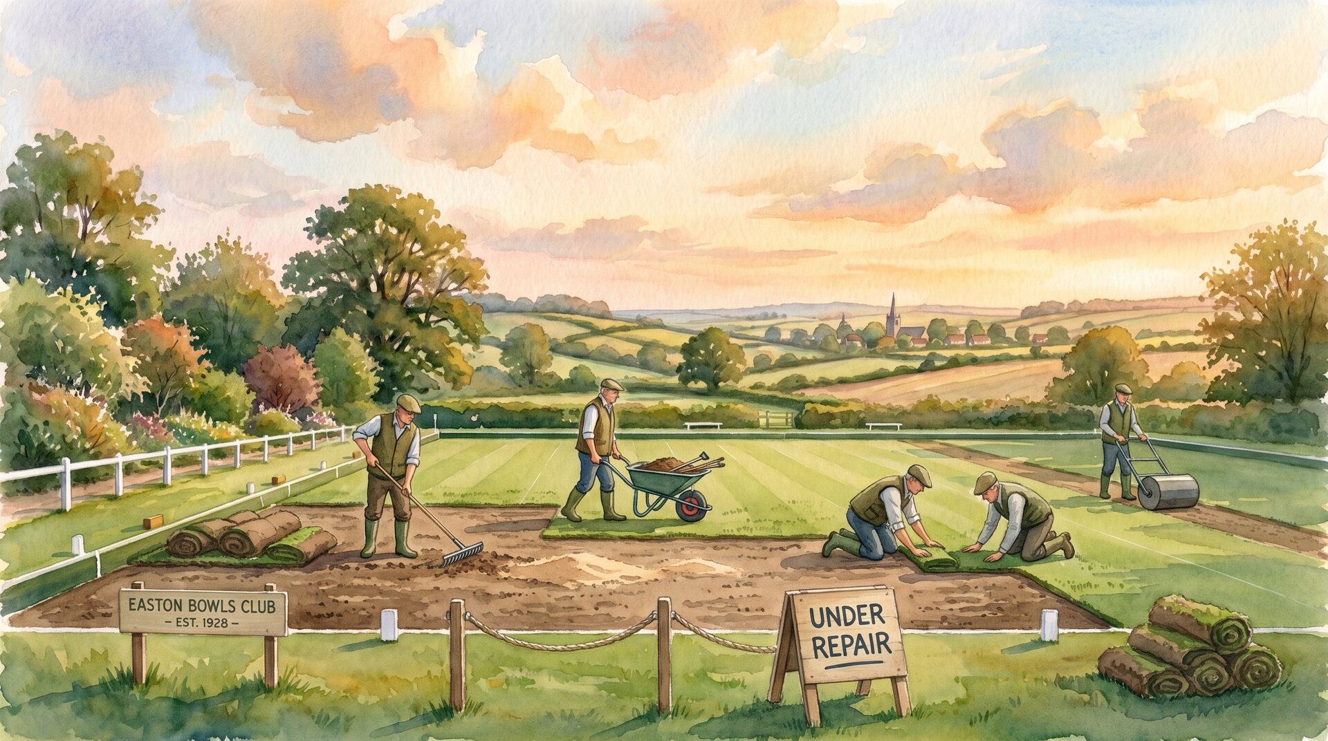 The Easton Bowls Club green under end-of-season repair